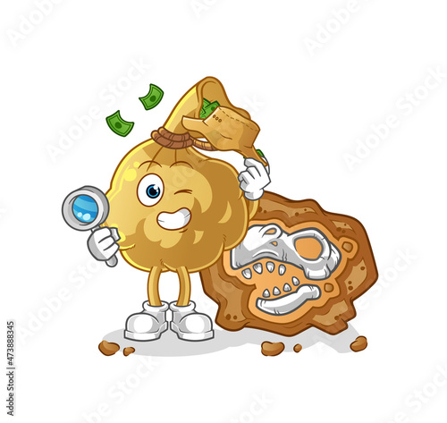 money bag archaeologists with fossils mascot. cartoon vector