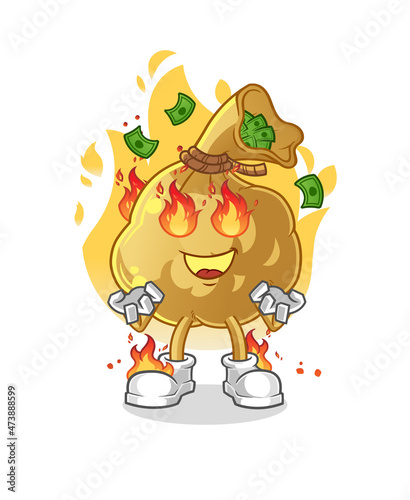 money bag on fire mascot. cartoon vector