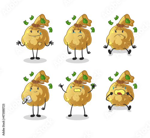 money bag sad group character. cartoon mascot vector