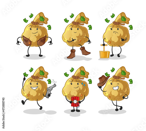 money bag cowboy group character. cartoon mascot vector