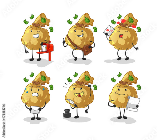 money bag postman set character. cartoon mascot vector