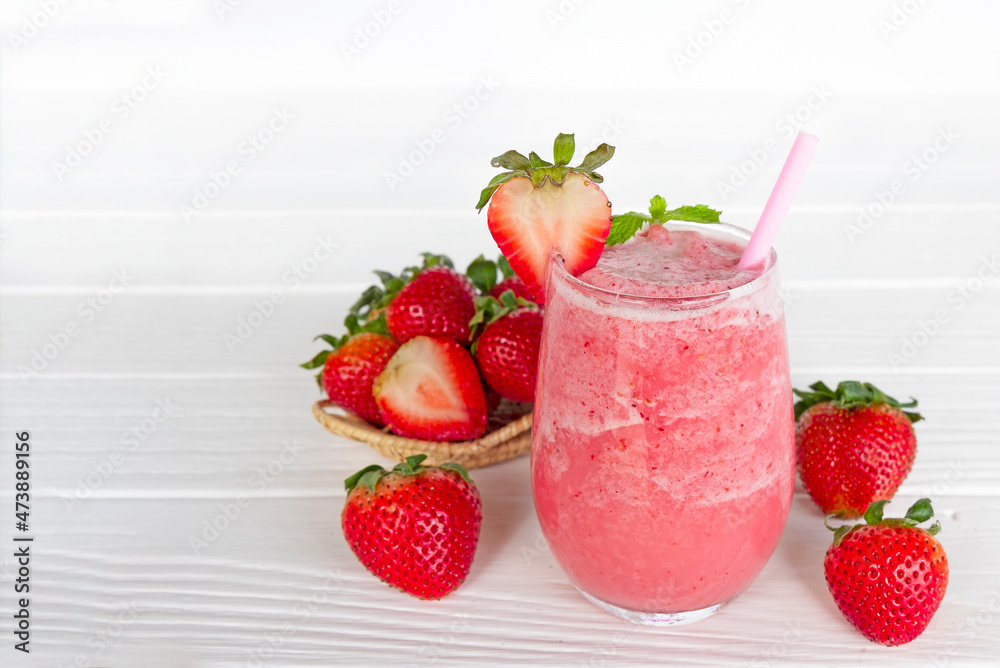 Strawberry yogurt fruit juice smoothie pink colorful fruit juice milkshake blend beverage healthy high protein the taste yummy In glass drink episode morning on white wood background. Strawberry yogurt fruit juice smoothie pink colorful fruit juice milkshake blend beverage healthy high protein the taste yummy In glass drink episode morning on white wood background.