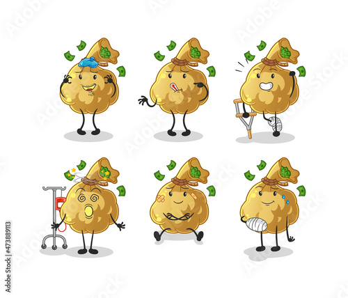 money bag sick group character. cartoon mascot vector