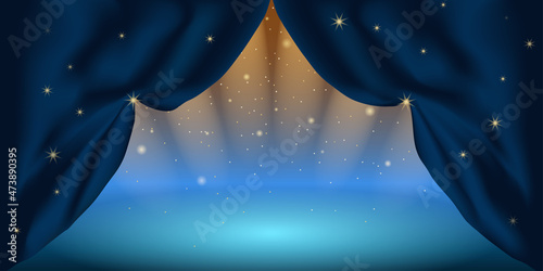 Night ice skating rink. Curtain background for ice show or winter banner with copy space for text. Scene. Stock vector illustration.