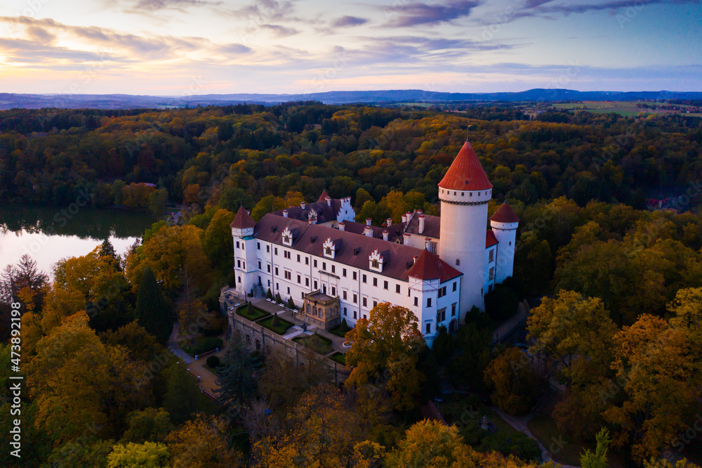 Panoramic view from drone of castle Konopiste Castle. Czech Republic