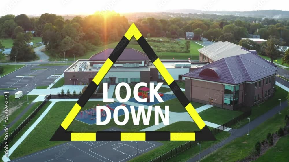 Public School Lockdown Warning Symbol. Aerial of American school in USA during active shooter drill. Emergency crisis management.