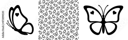 Outlines of butterflies with hearts and seamless pattern isolated on a white background. Outlines of butterflies are great for print gift paper, wedding greeting cards and fabrics
