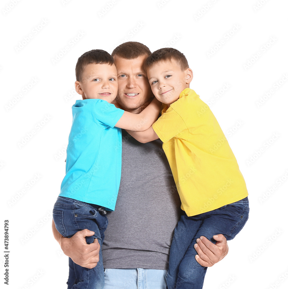 Portrait of father with little children isolated on white Portrait of father with little children isolated on white