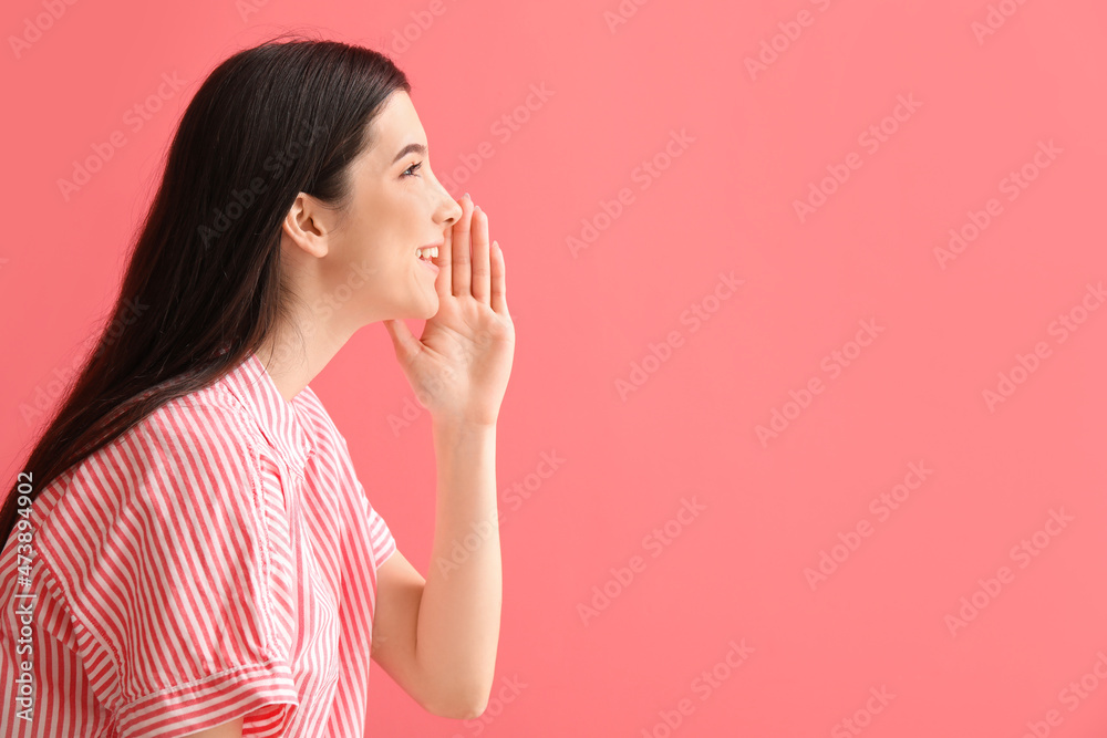 Young gossiping woman on color background Young gossiping woman on color background