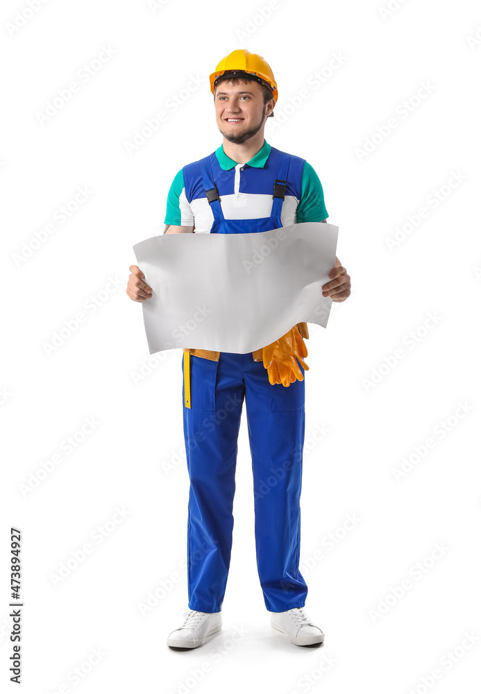 Male builder with drawing on white background Male builder with drawing on white background
