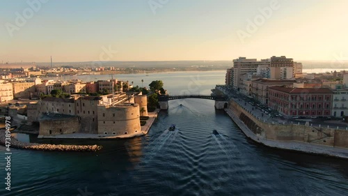 Taranto, swing bridge, old city at dawn, fishing boats 3