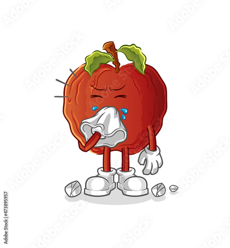 rotten apple blowing nose character. cartoon mascot vector