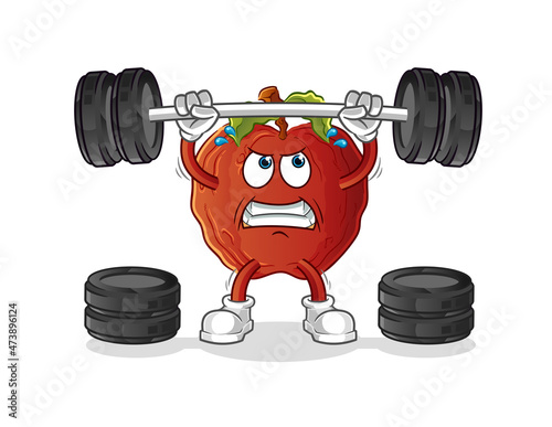 rotten apple lifting the barbell character. cartoon mascot vector