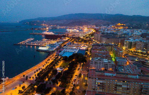 Aerial view of old town Almeria port and buildings at evening  Spain