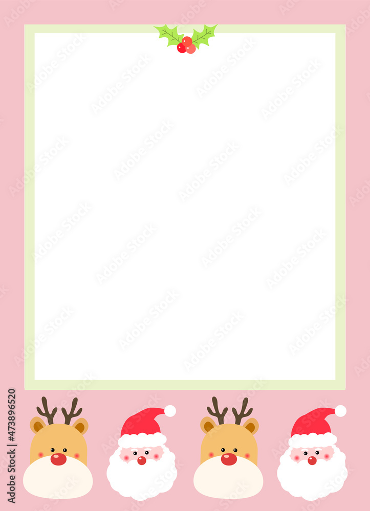 There are decorations on the pink memo paper, and Santa and deer are alternately placed Christmas, letter paper, mail, invitation, notebook. Vector drawing. Hand drawn style. There are decorations on the pink memo paper, and Santa and deer are alternately placed Christmas, letter paper, mail, invitation, notebook. Vector drawing. Hand drawn style.