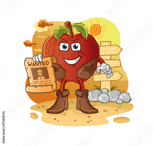 rotten apple cowboy with wanted paper. cartoon mascot vector
