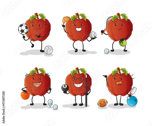 rotten apple sport set character. cartoon mascot vector