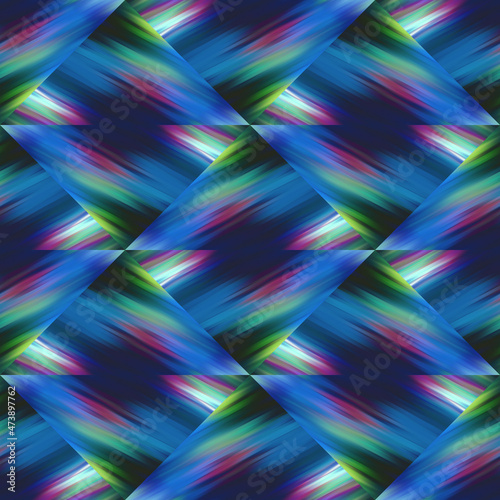 Optical glitch triangle tie dye geometric texture background. Seamless liquid flow effect patchwork grid material. Modern wet washy variegated fluid blur pattern. 