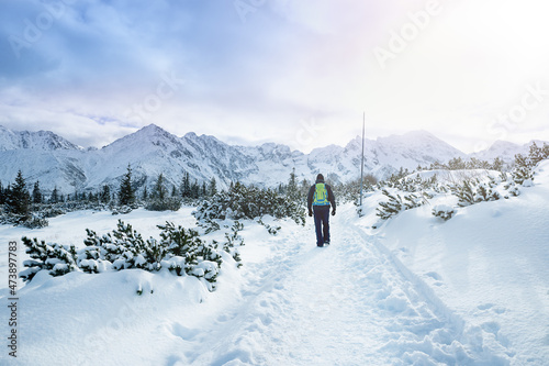 Man hiking in mountains in winter, Zakopane