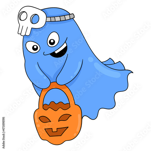 halloween flying ghost carrying pumpkin basket, doodle icon image kawaii