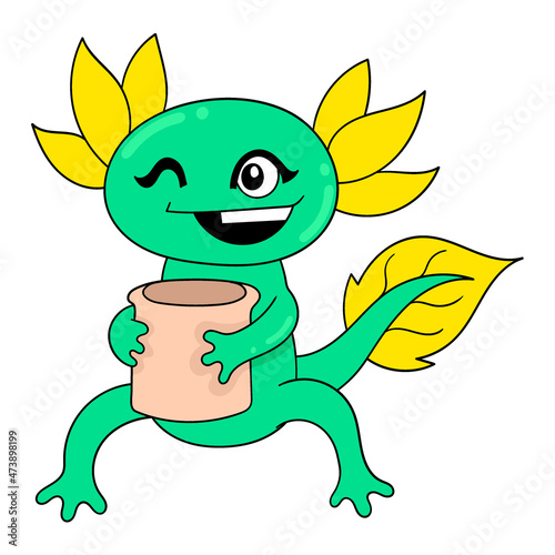 smiling green monster carrying a drink, doodle icon image kawaii