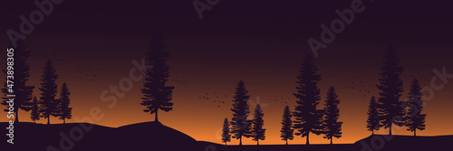 tree silhouette in night landscape flat design vector illustration good for banner background, web background, apps background, tourism design template and adventure backdrop