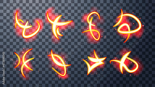 Ethereal fire runes with sparks and strange forms.