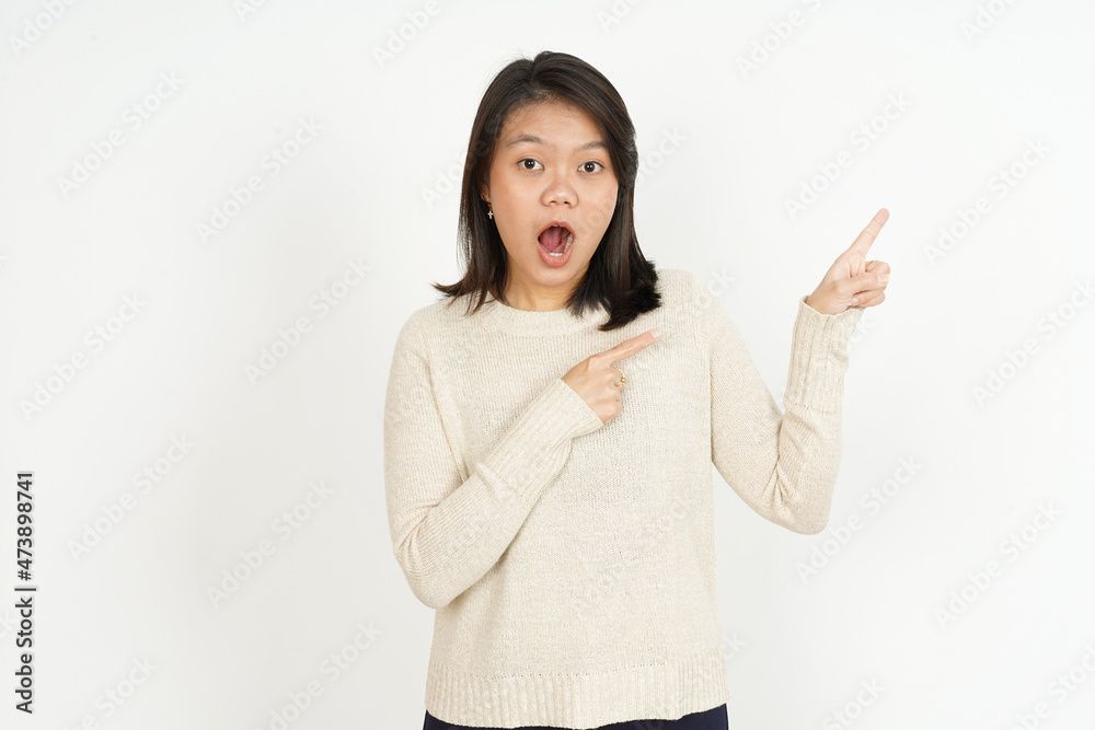 Pointing aside Showing Product of Beautiful Asian Woman Isolated On White Background Pointing aside Showing Product of Beautiful Asian Woman Isolated On White Background