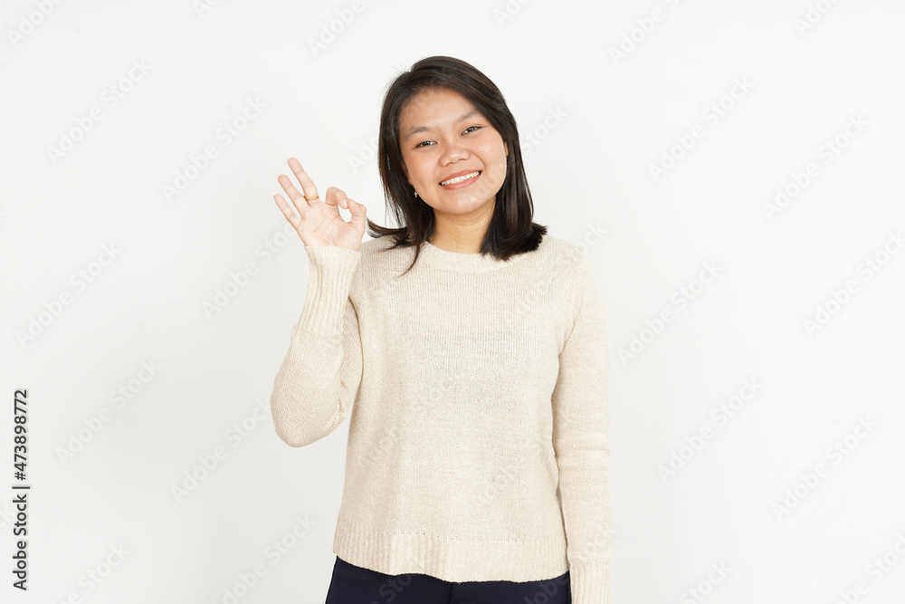 Showing Okay Sign of Beautiful Asian Woman Isolated On White Background Showing Okay Sign of Beautiful Asian Woman Isolated On White Background