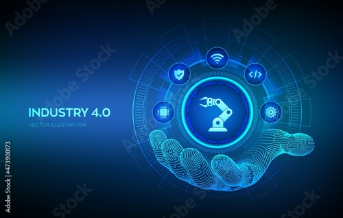 Smart Industry 4.0 symbol in robotic hand. Factory automation. Autonomous industrial technology concept. Industrial revolutions steps. Vector illustration.
