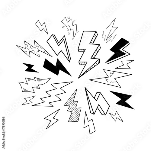 set of hand drawn vector doodle electric lightning bolt symbol sketch illustrations. thunder, vector ilustration