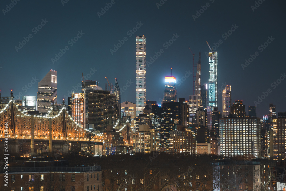 urban city skyline at night with skyscrapers