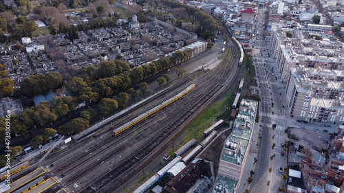 Train departing from Federico Lacroze railway station, Buenos Aires. Argentine. Aerial view