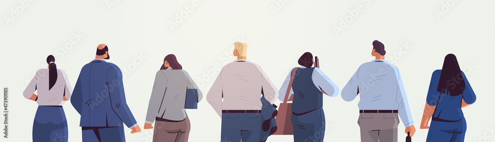 mix race businesspeople team standing back to camera rear view of business people group posing cartoon characters
