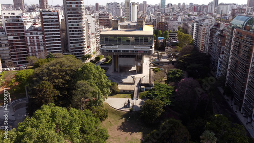 Aerial drone over roof of National Library in Buenos Aires City, Argentina