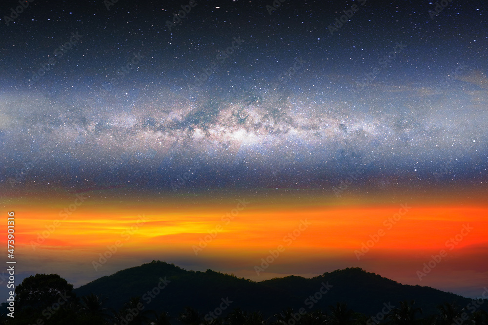 Milky way night landscape sunset light on silhouette mountain