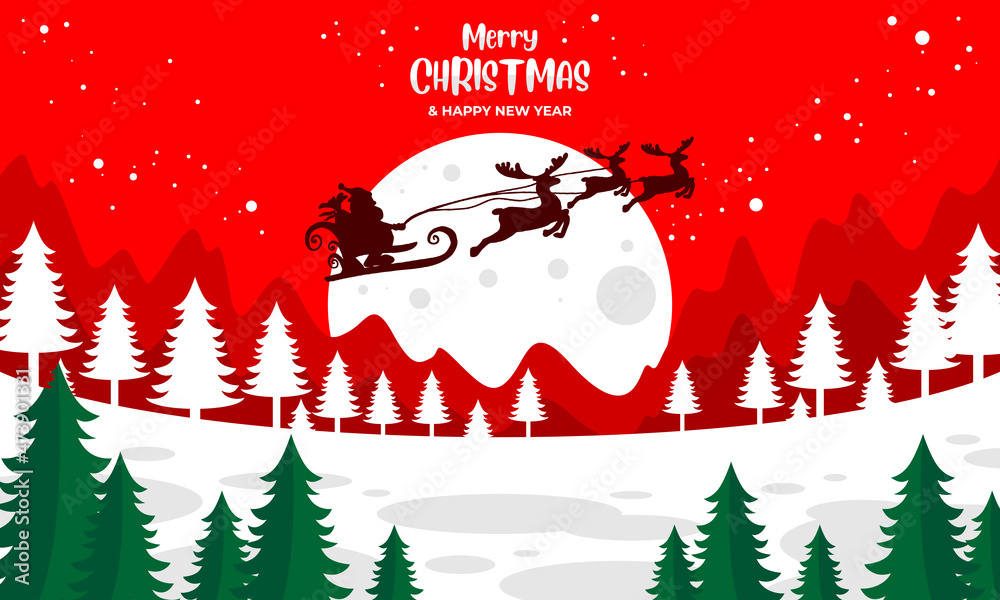 Merry christmas happy new year with santa claus riding a sleigh