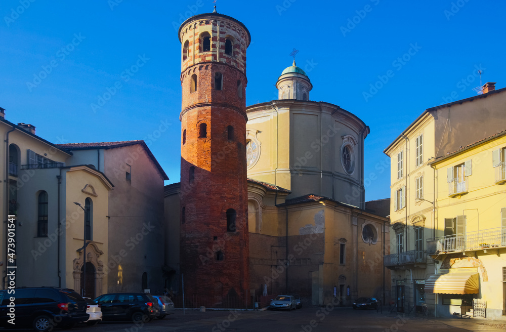 View of Asti medieval Red Tower and Church of St. Catherine, Piedmont, Italy