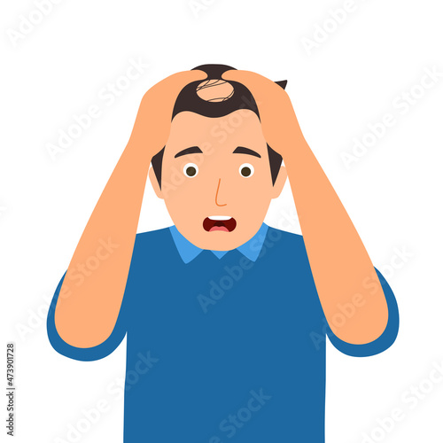 Young man worrying about his hair loss problem in flat design on white background. Bald guy upset when looking mirror.