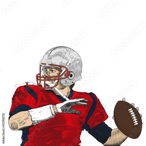 Jugador de fútbol americano lanzando pase para anotación. Jugador de futbol americano profesional sosteniendo la pelota. Ilustración vectorial sin fondo. Jugador de fútbol americano. Fútbol americano.