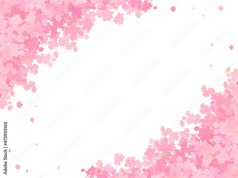 水彩画風　満開の桜　シルエット　フレーム・背景素材（横向き）