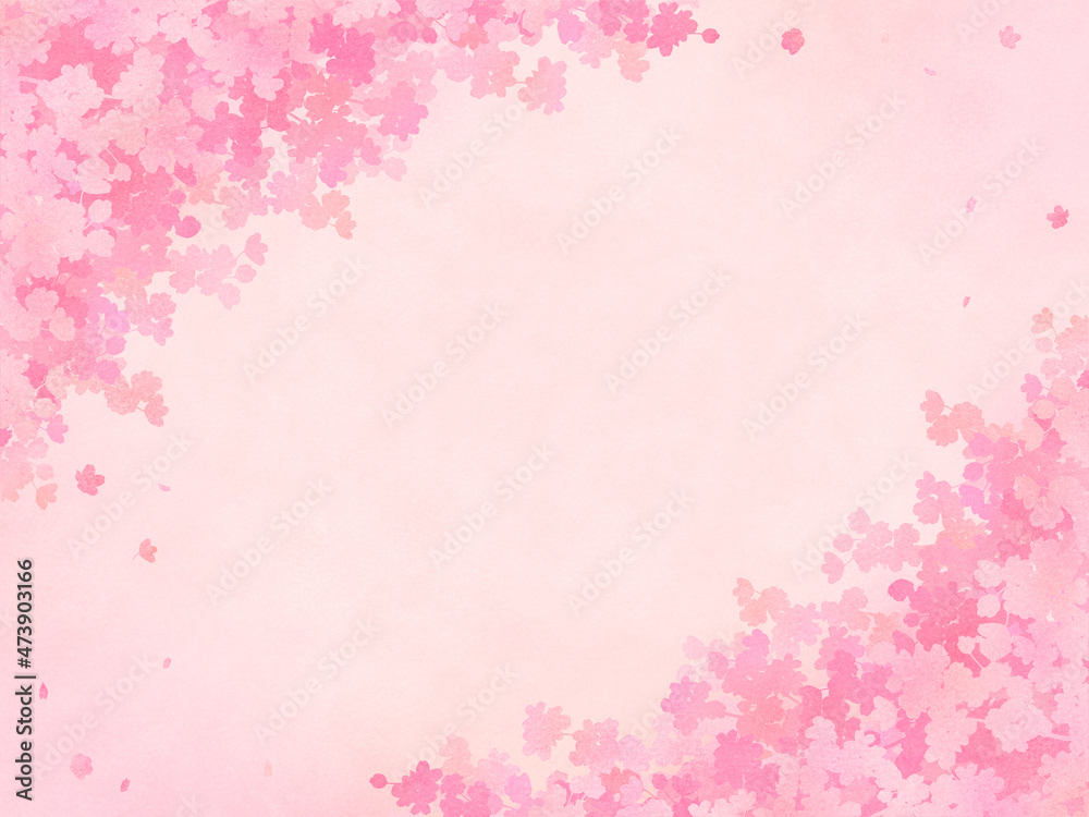 水彩画風　満開の桜　シルエット　フレーム・背景素材（横向き／ピンク背景）