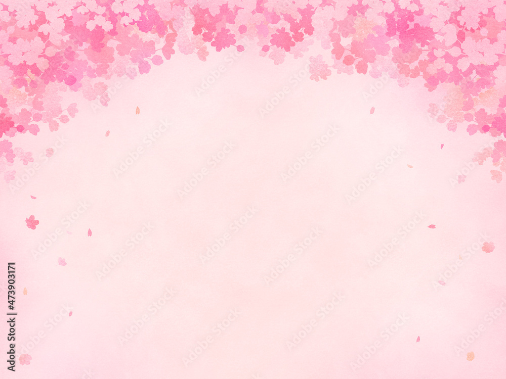水彩画風　満開の桜　シルエット　フレーム・背景素材（横向き／ピンク背景）