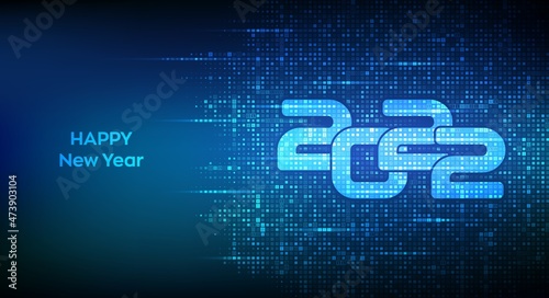 Happy New 2022 Year. Numbers 2022 made with binary code. Digital binary data and streaming digital code background. Matrix background with digits 1.0. Vector illustration.