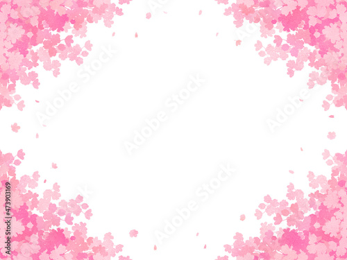 水彩画風　満開の桜　シルエット　フレーム・背景素材（横向き）