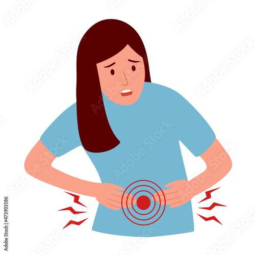 Woman feel pain in stomach concept vector on white background. Diarrhea or constipation. Abdomen disease and illness in flat design. Menstrual cramp.