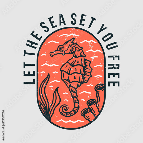 illustration of a seahorse in the deep sea with coral and seaweed