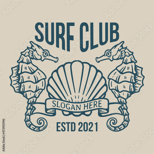 vintage style logo of two seahorses with shell in the middle and ribbon