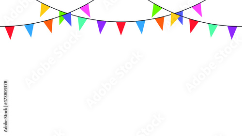 Colorful party flags. Garland with flags. Decorative colorful party pennants for birthday celebration, festival and fair decoration. Holiday background with hanging flags. Seamless rainbow garland.