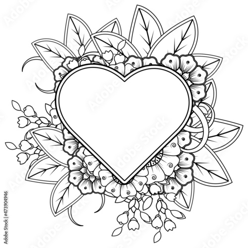 Mehndi flower with frame in shape of heart. decoration in ethnic oriental, doodle ornament.